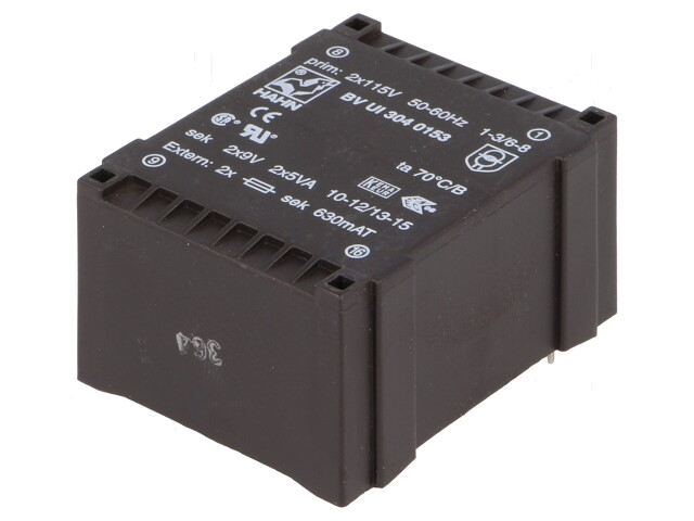 Transformator: ingegoten; 10VA; 115VACx2; 9V; 9V; 555mA; 555mA; PCB Transformator: ingegoten; 10VA; 115VACx2; 9V; 9V; 555mA; 555mA; PCB